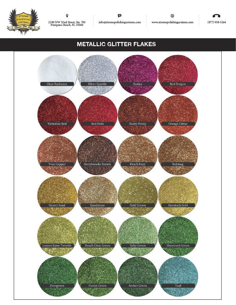 Metallic glitter lace color chart with rows of circular swatches in silver, pink, red, gold, green, and blue.