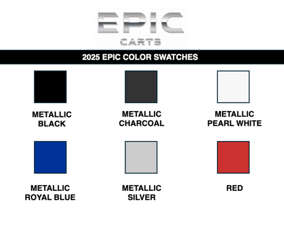 EPIC Color Swatches Metallic Black, Metallic Charcoal, Metallic Pearl White, Metallic Royal Blue, Metallic Silver, Red