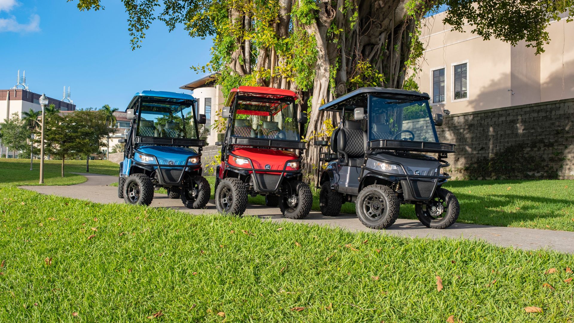 Blue, Red, and Gray E40L Golf Carts