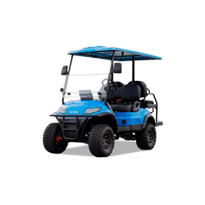 2025 ICON EV Caribbean Blue 4-passenger lifted golf cart with black seats and Bluetooth touchscreen