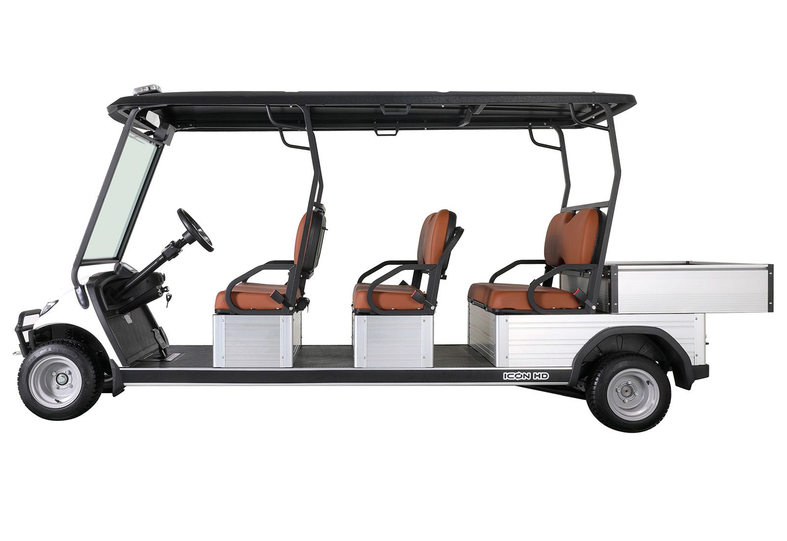 Maximize efficiency in your SWFL business with this white ICON I60FS-HD golf cart. It features a spacious utility box and a trailer hitch for transporting personnel and cargo.