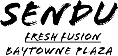 Logo for Sendu Fresh Fusion at Baytowne Plaza, featuring brush-stroke style black text on a white background.