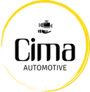 Cima Automotive logo with a black engine icon and gold circular ring on a white background