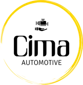 Cima Automotive logo with black text and a yellow circular outline on a white background
