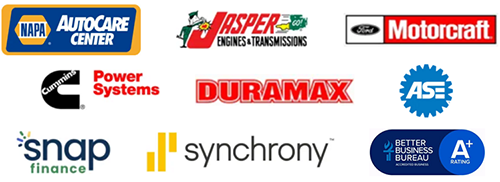 Logos of AutoCare Center, Jasper, Motorcraft, Power Systems, Duramax, ASE, Snap-on, Synchrony, and others