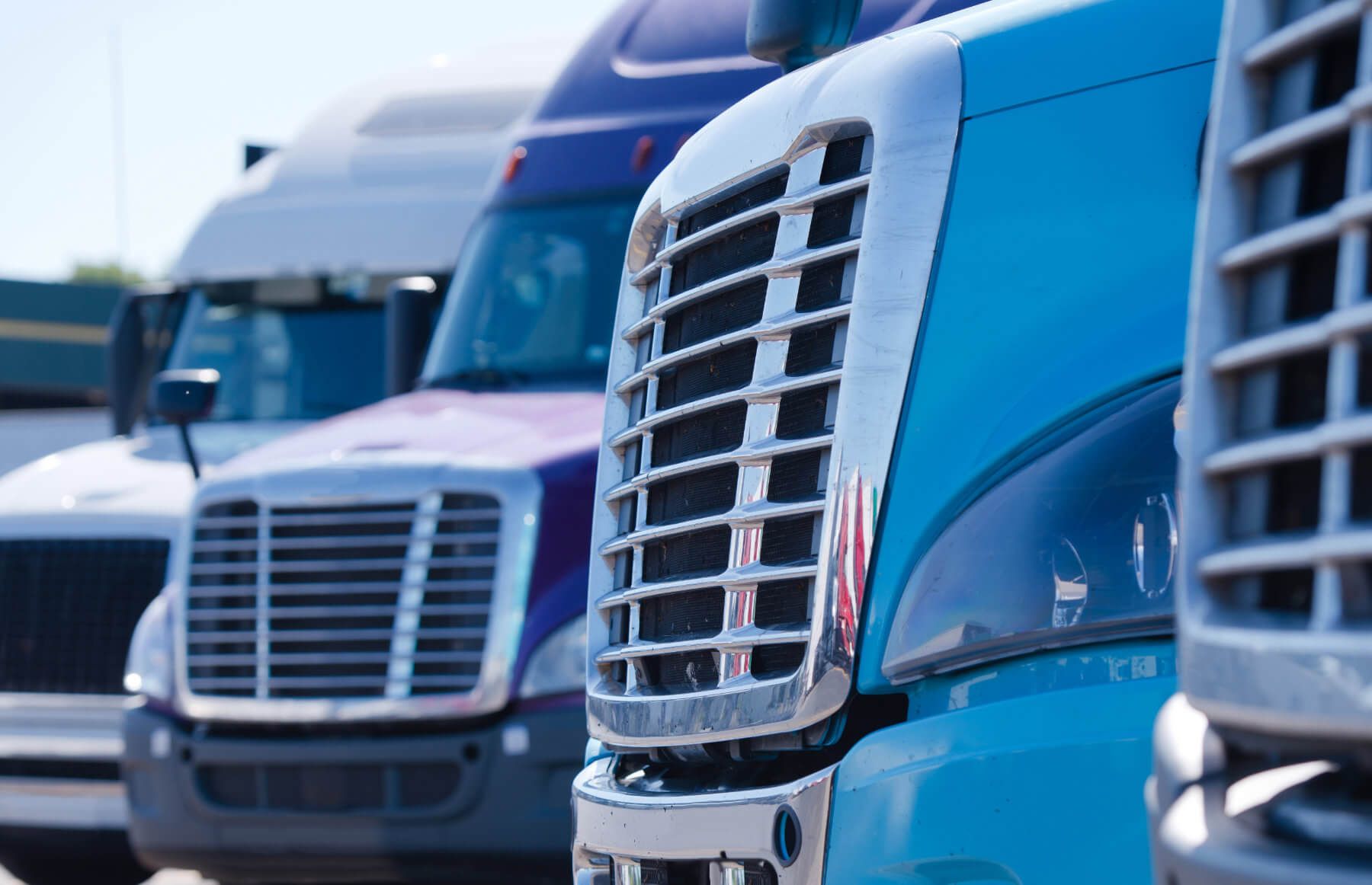Semi-trucks, varying colors, parked in a row, close-up of front grills.