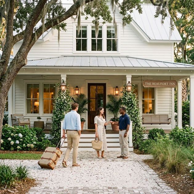 Three people with luggage stand outside a white cottage-style house with a porch and front garden.