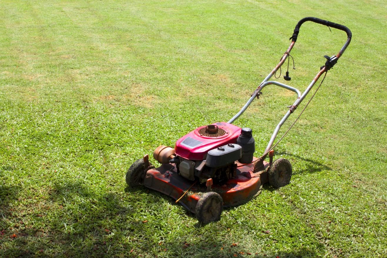 Red lawn mower on grass with a black handle and red engine cover