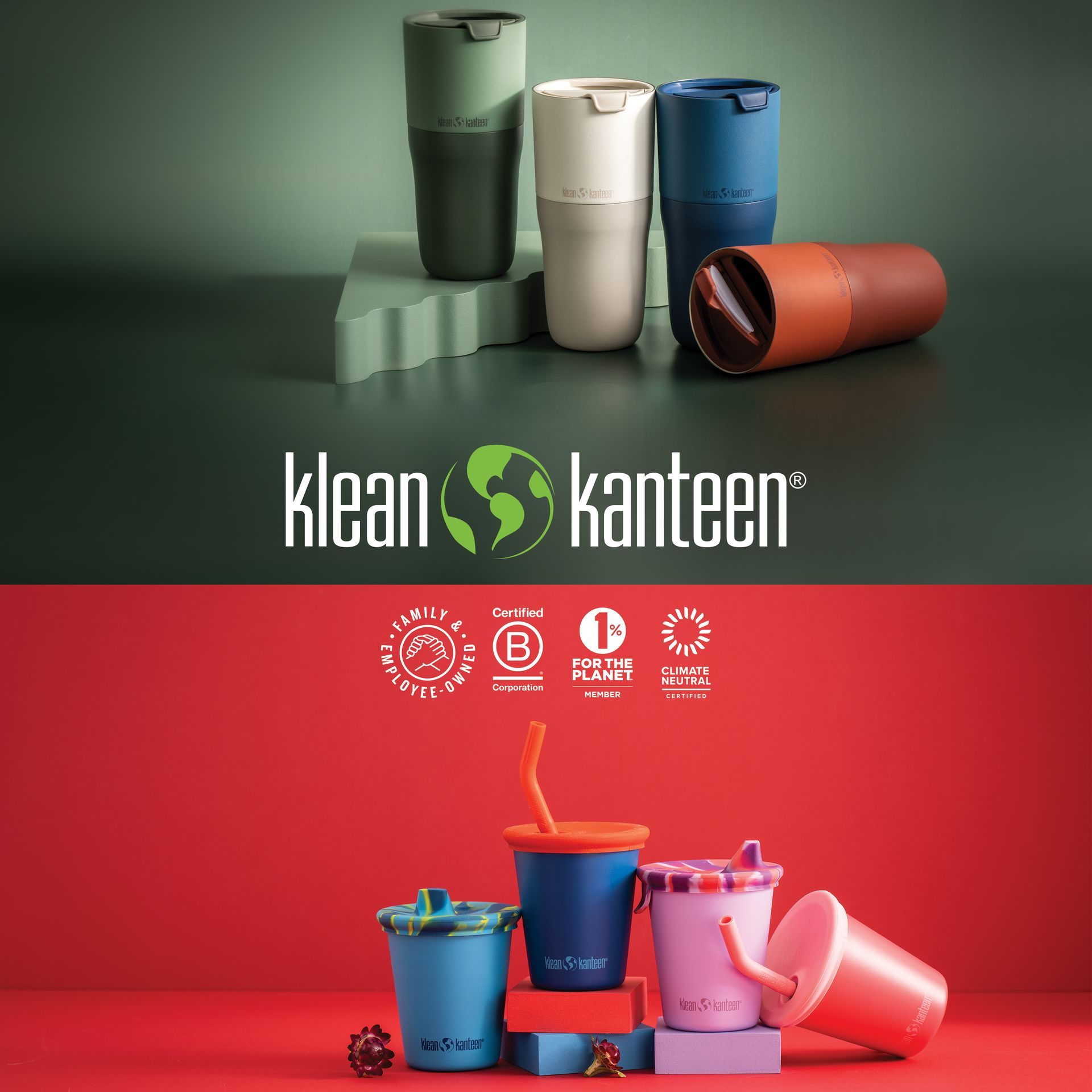 en bild av klean kanteen koppar på en grön och röd bakgrund