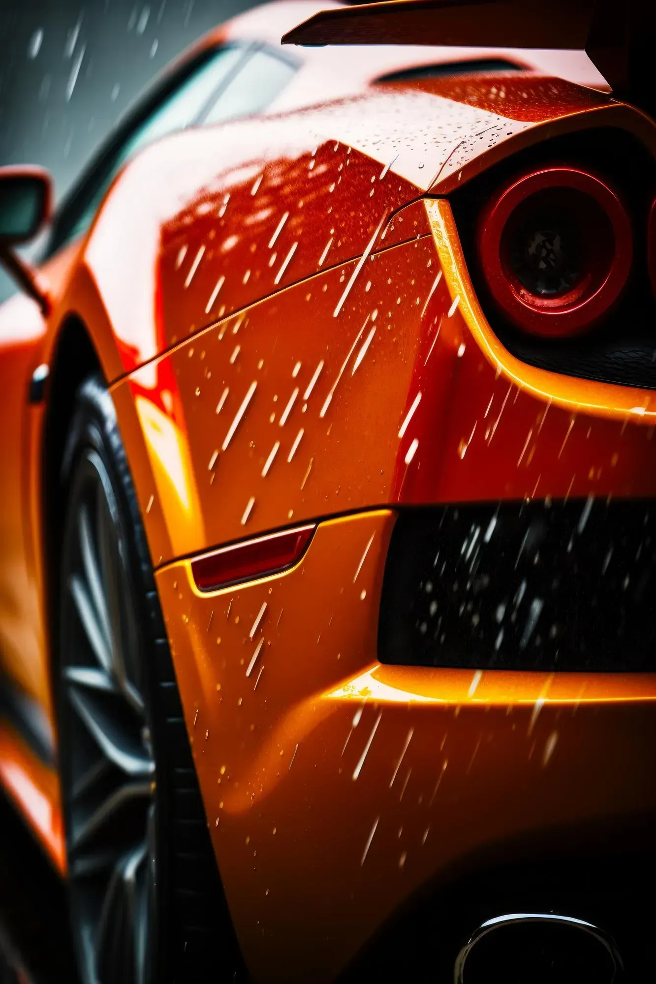 A close up of an orange sports car in the rain