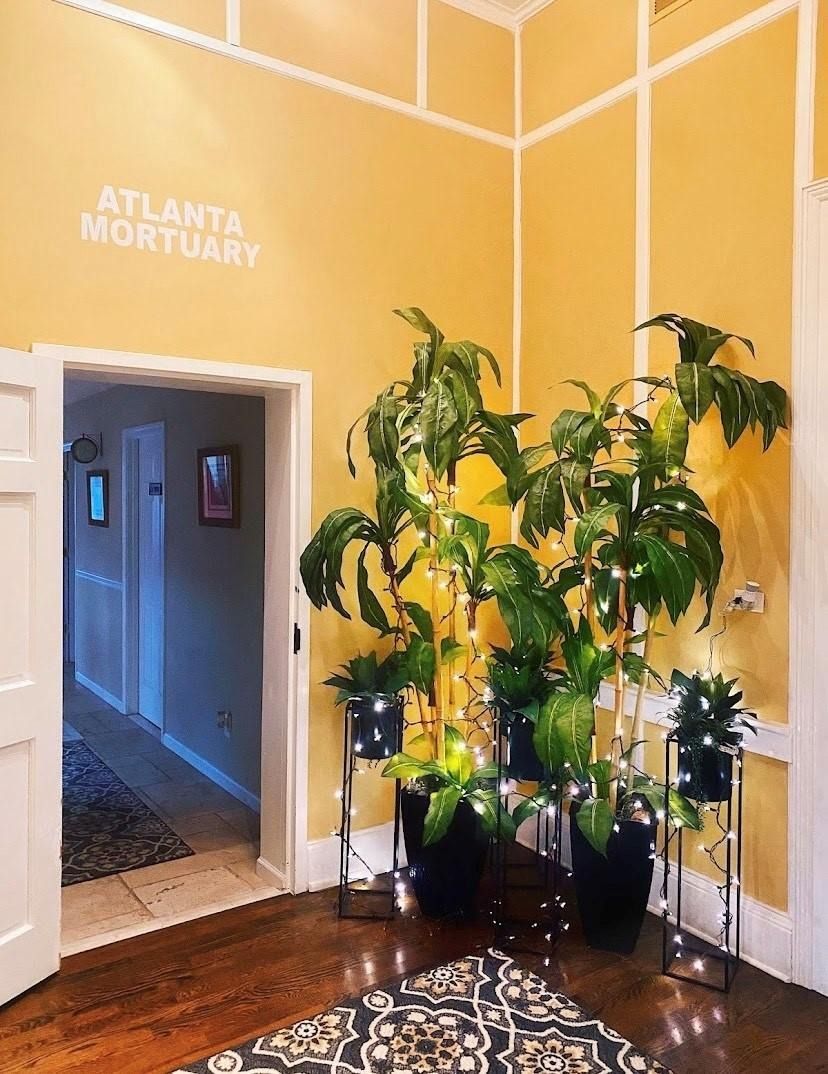 Lobby corner with tall green potted plants beside a doorway and warm yellow walls