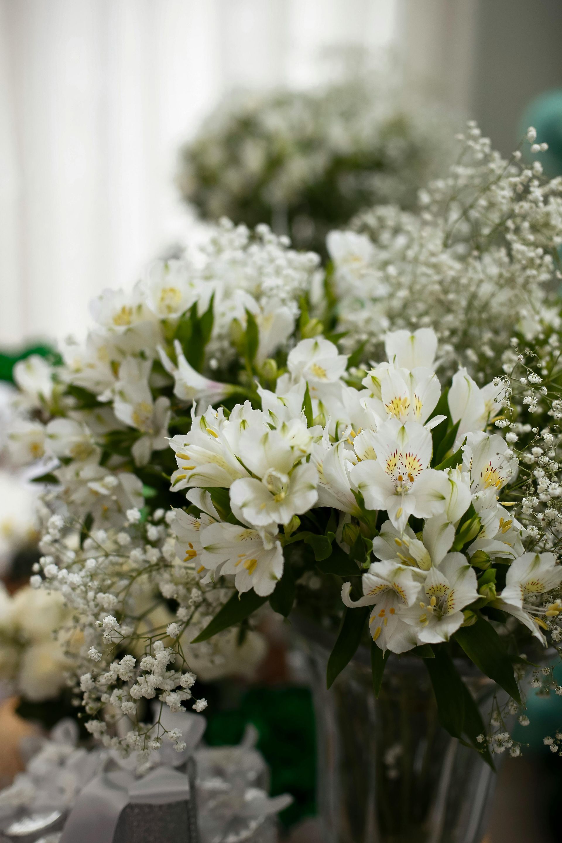 White flowers in a glass vase with baby's breath on a softly lit table