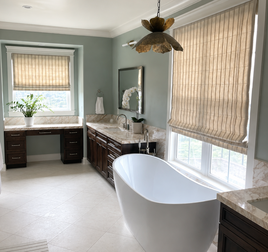 Motorized Roman shades in Carlsbad, CA customers bathroom