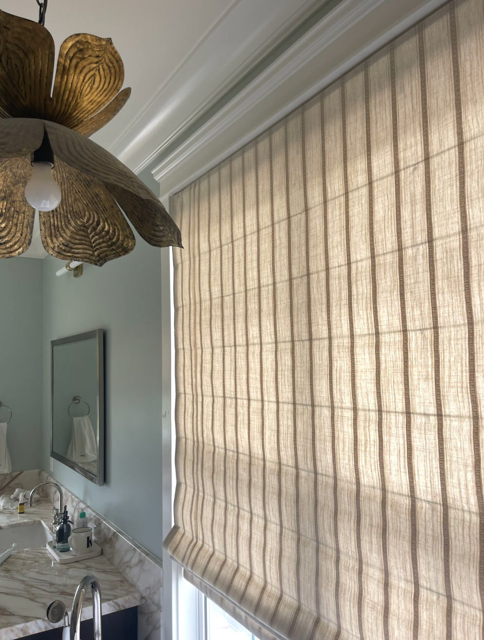 Custom striped fabric Flat Roman Shade in Carlsbad, Ca home proejct