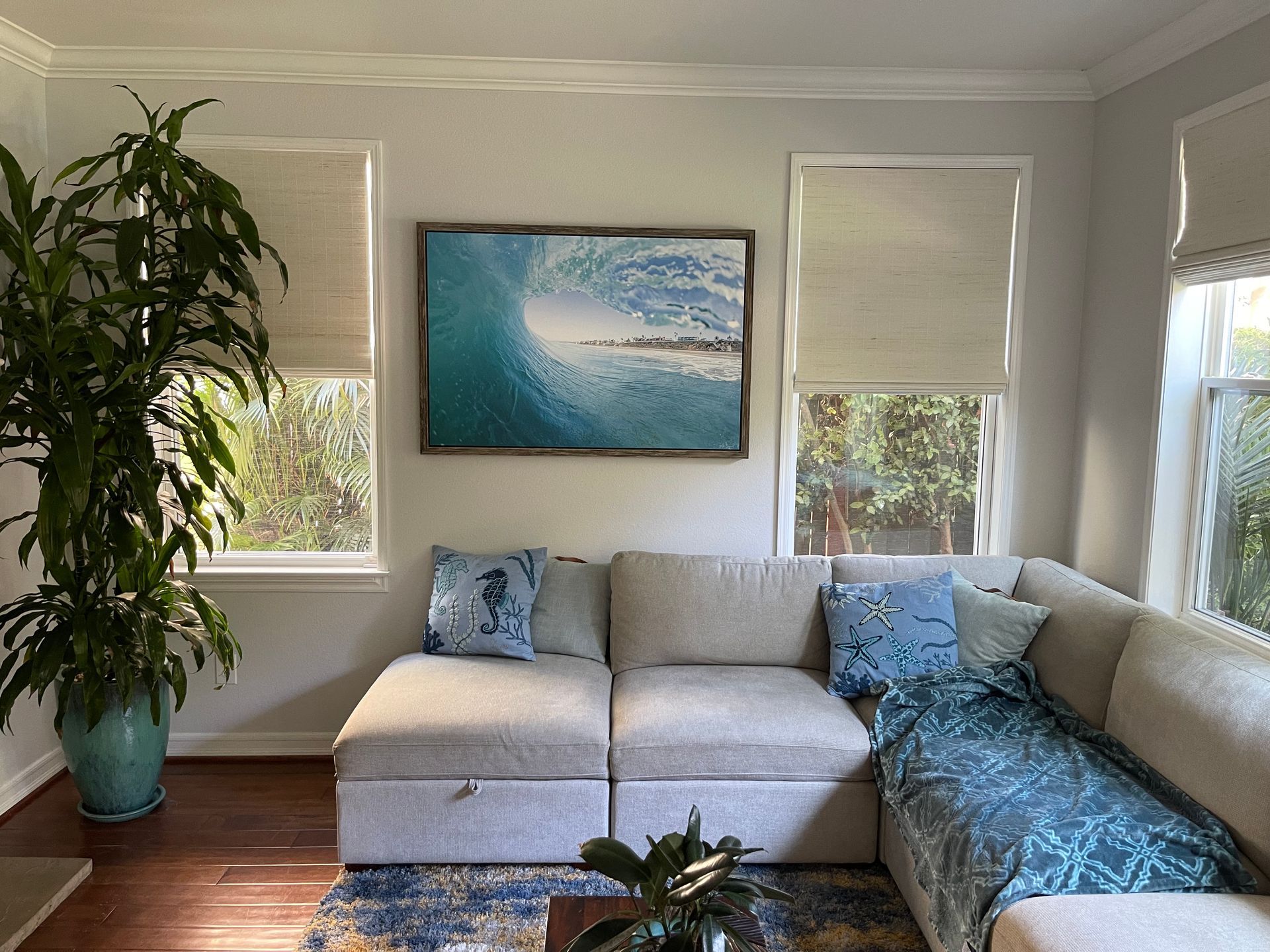 motorized Woven Wood shades in living room