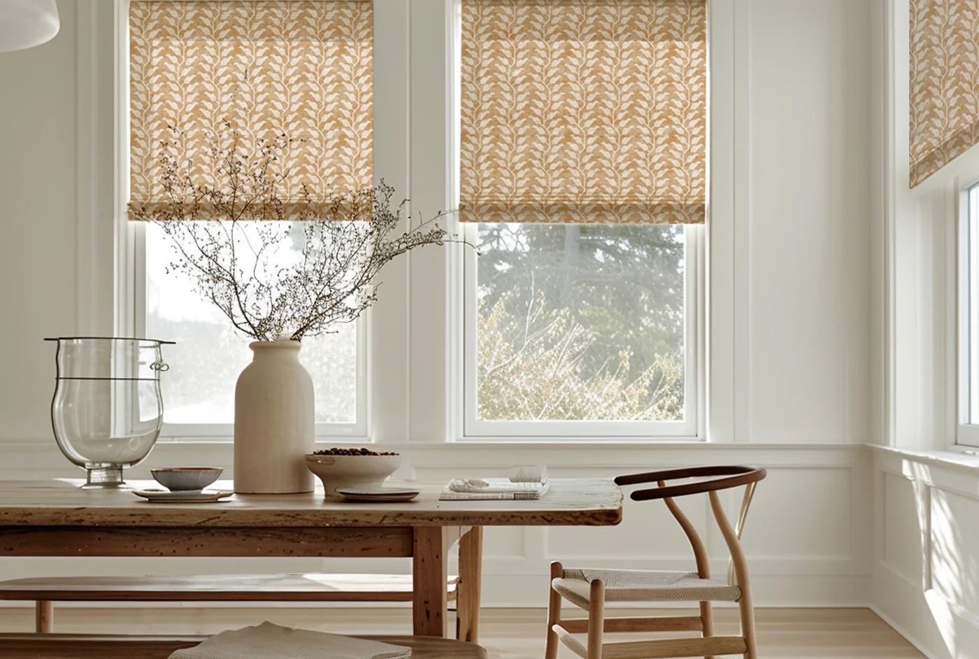 A dining area with custom roman shades, Susan connor NY fabrics.