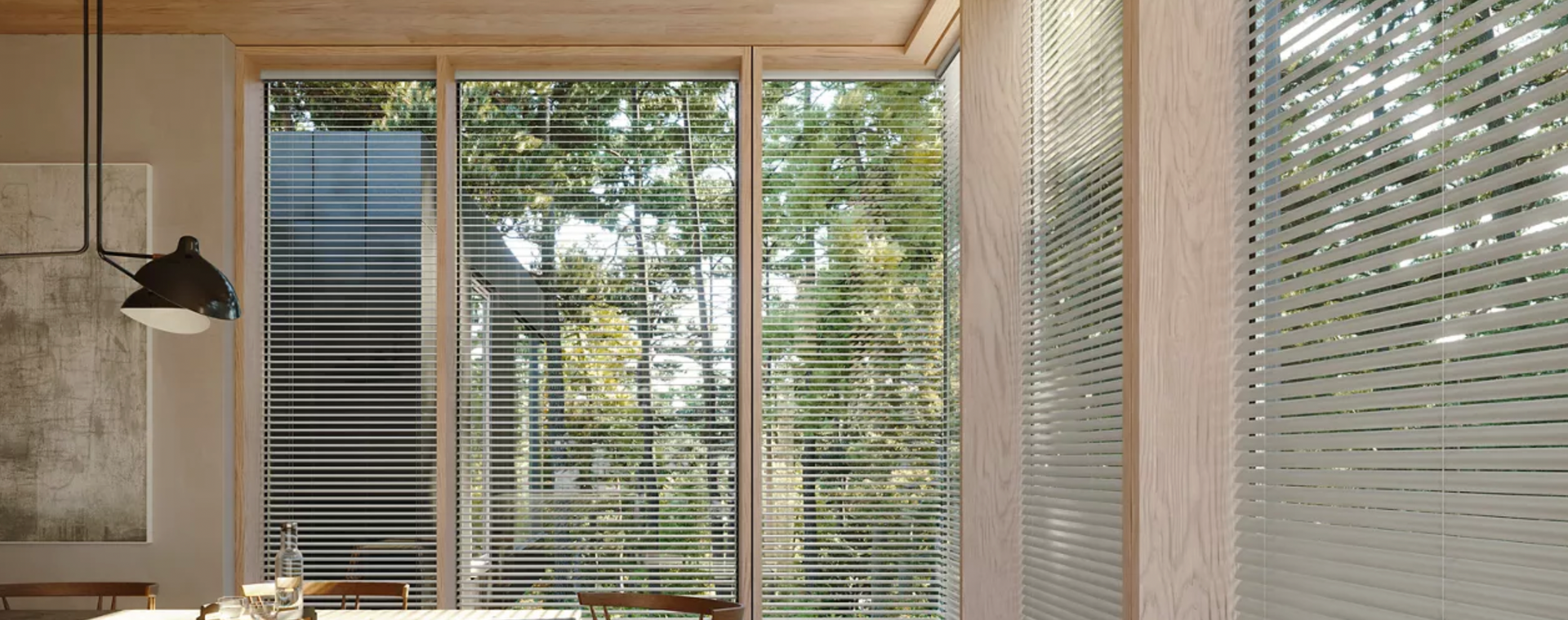 Metal mini blinds for coastal living area. Light and bright.