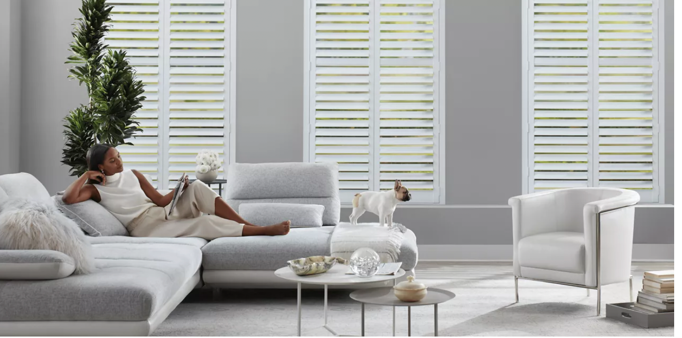 Hunter Douglas Newstyle® Composite Shutters in living room windows