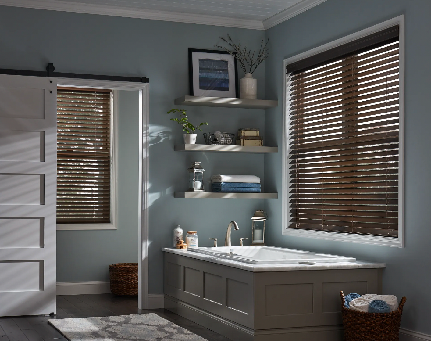 Bathroom with real wood blinds in San Diego home