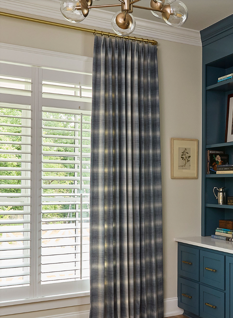 Custom Inverted Pleat Drapes in a Blue Patterned Fabric