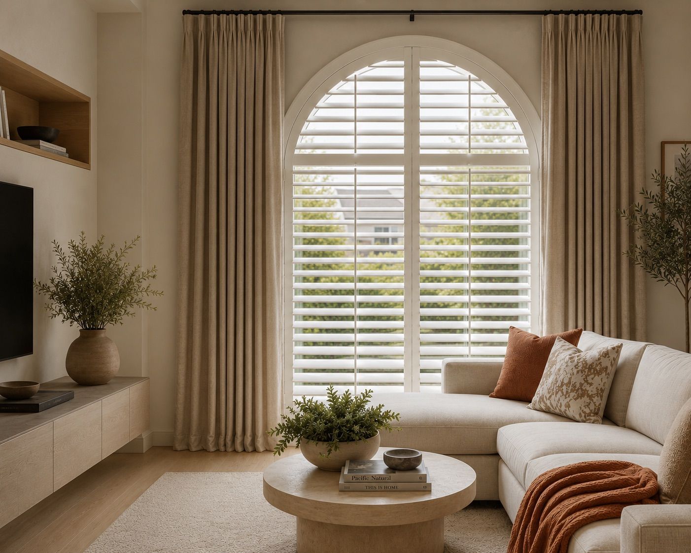 Plantation shutters in rached window, scripps ranch
