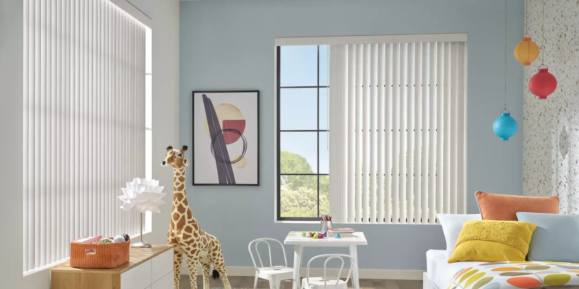 White Vertical Blinds for kids bedroom.