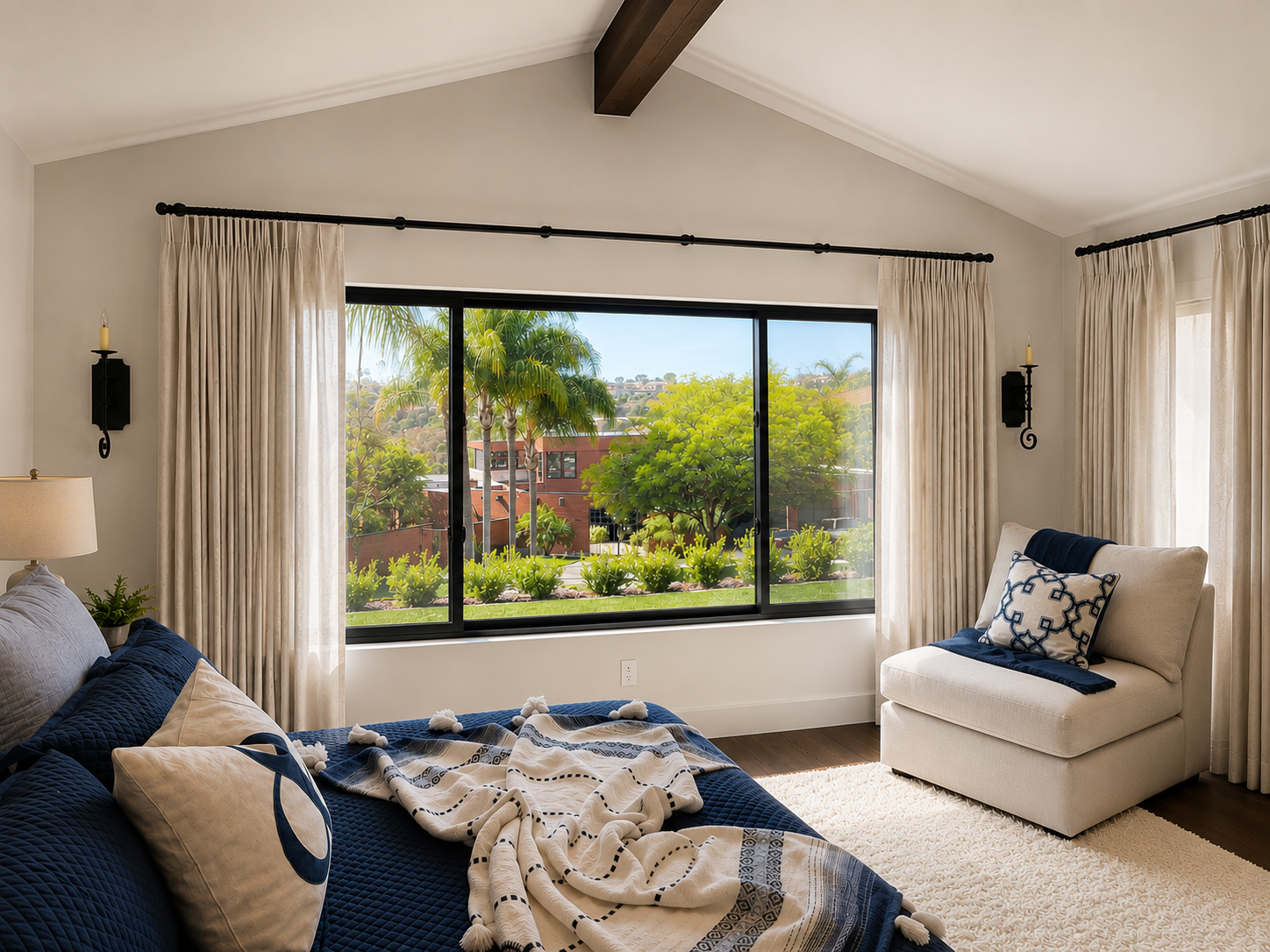 Inverted pleat draperies in Spanish Modern remodeled home in Carlsbad, CA