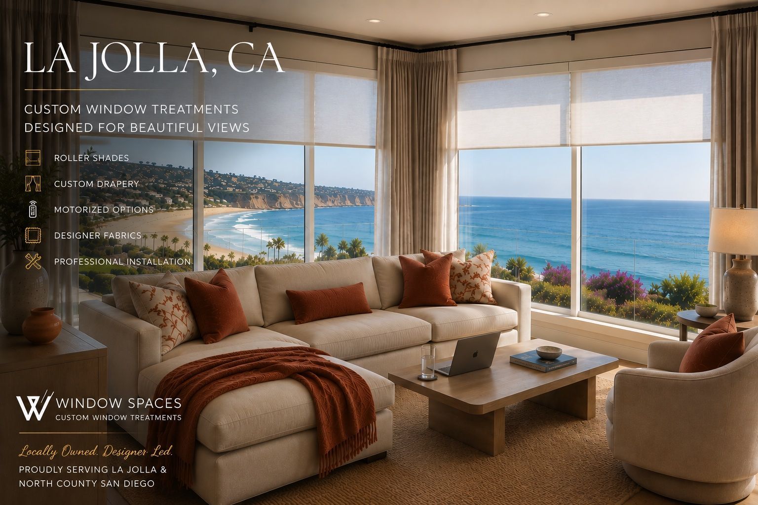 motorized roller shades for large windows in la jolla, ca