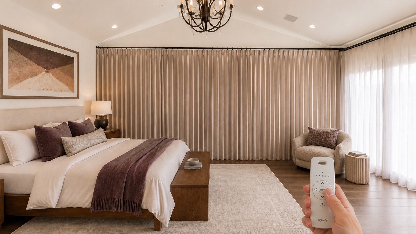 Motorized Drapes in Rancho, Santa Fe, Ca - fairbanks ranch neighborhood - primary bedroom installed by window spaces