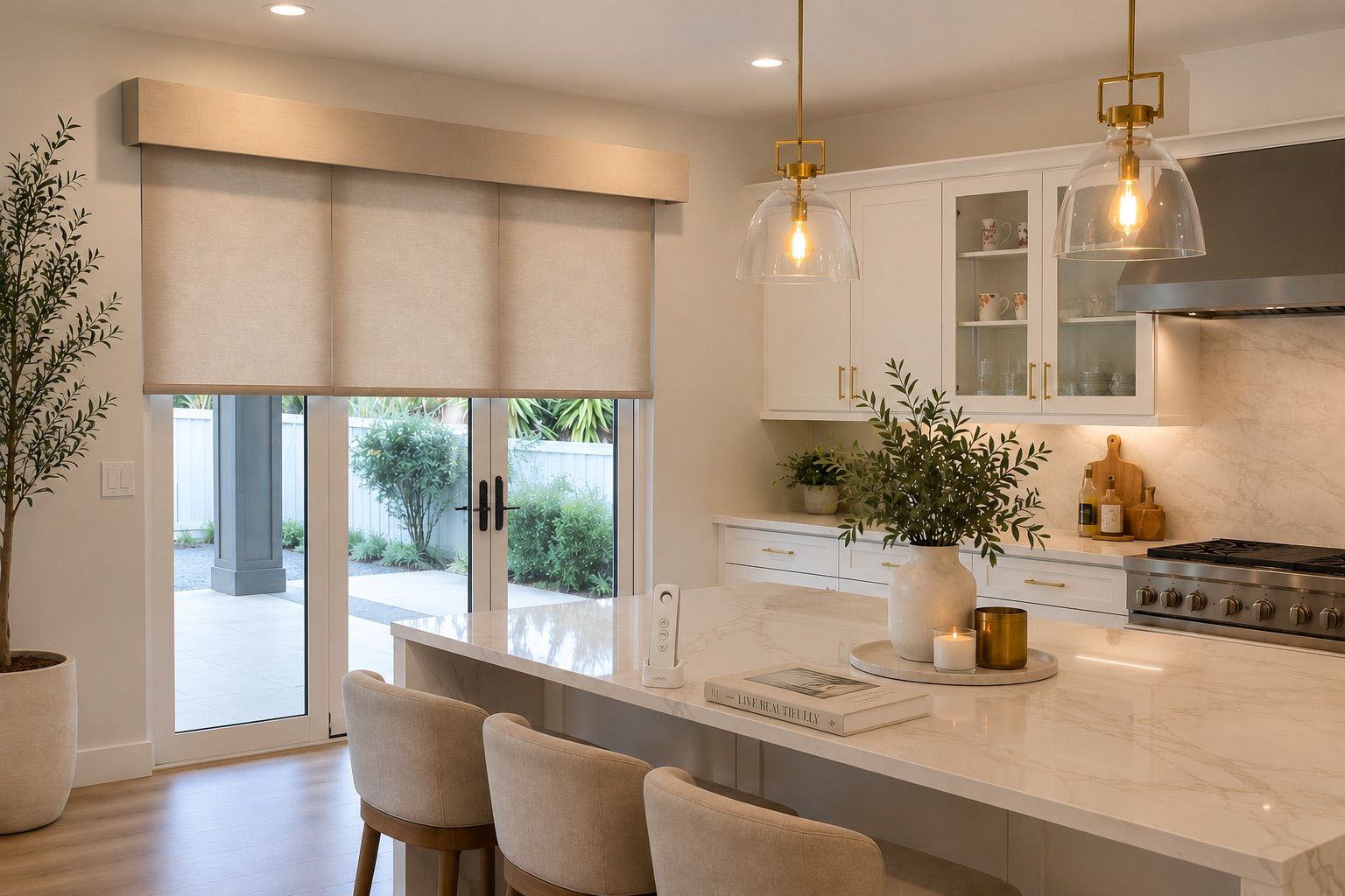 White Patterned Roller Shades in coastal kitchen.