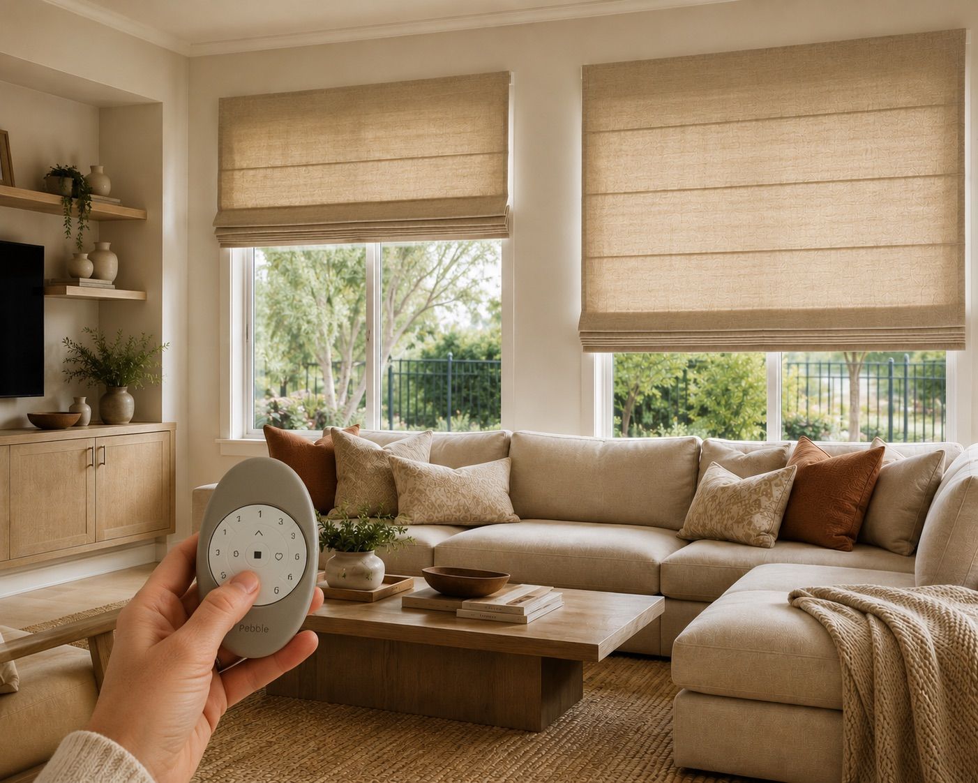 motorized roman shades in living room, scripps ranch, ca