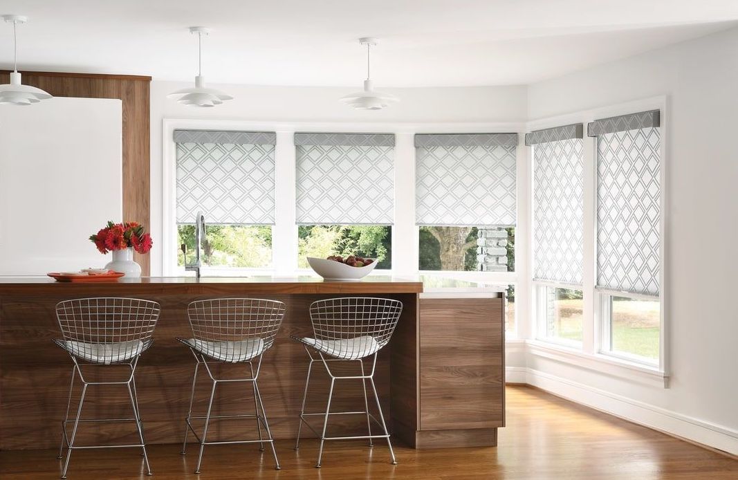 White Patterned Roller Shades in coastal kitchen.