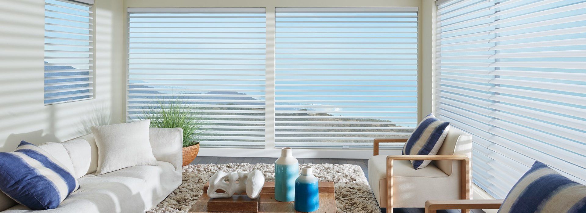 SILHOUETTE® Window Shadings in coastal living room windows, San Diego, CA