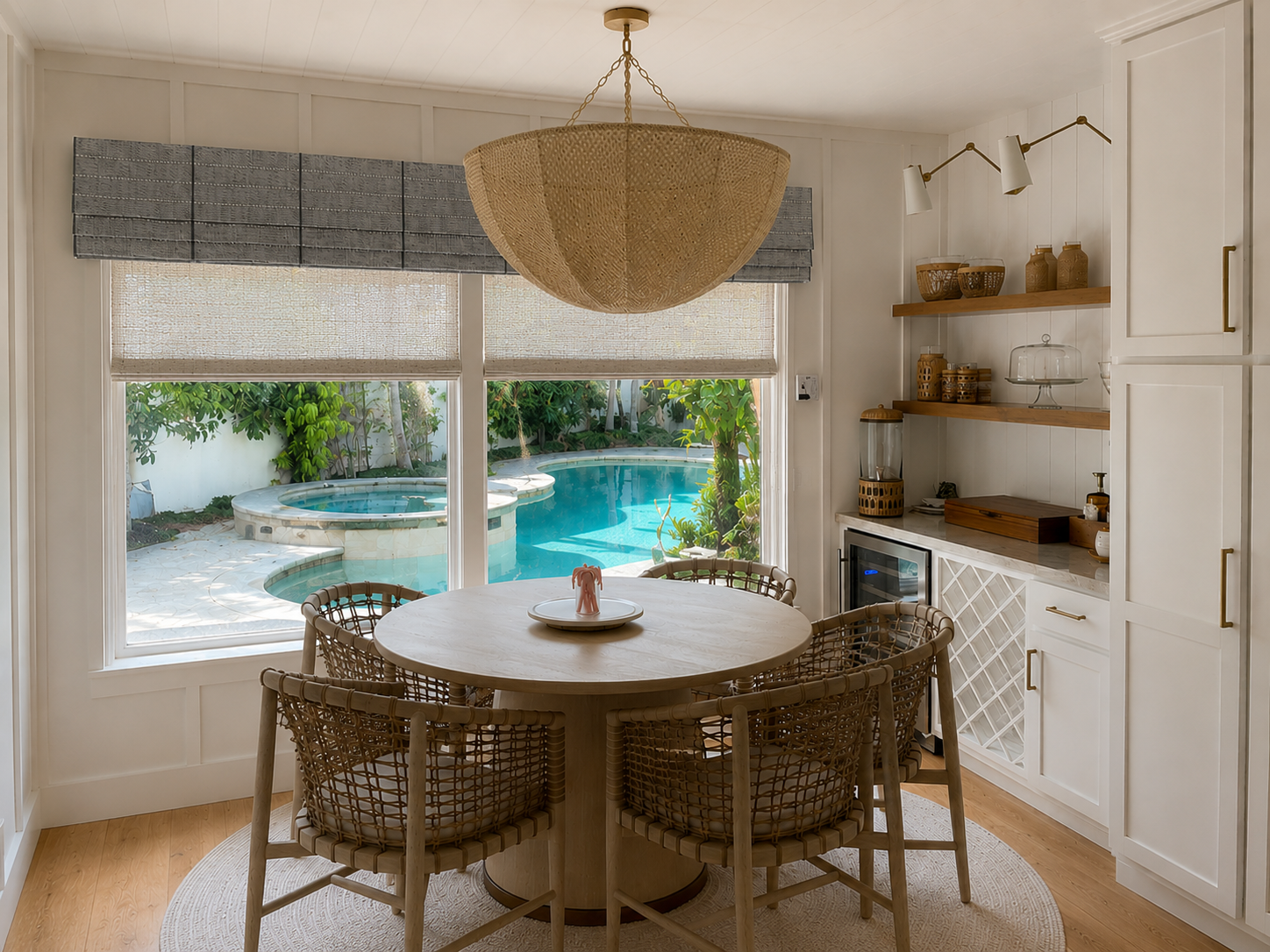 Woven Window Shades in the dining room windows in Encinitas, CA home.