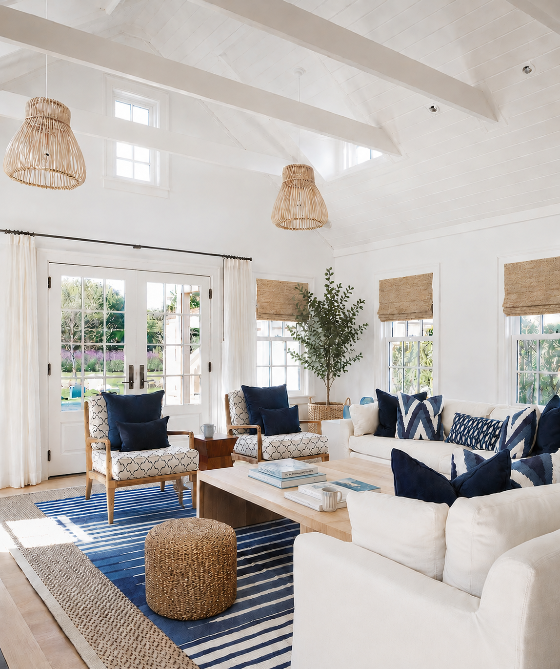 Woven Shades in living room, Del Mar, CA home