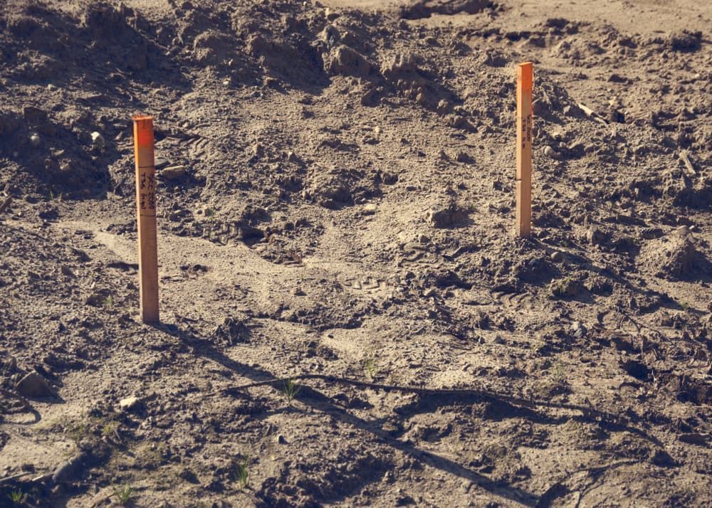 A Couple Of Wooden Poles In The Dirt With One That Says ' A ' On It  — CalCo Surveyors Pty Ltd in Old Bar, NSW