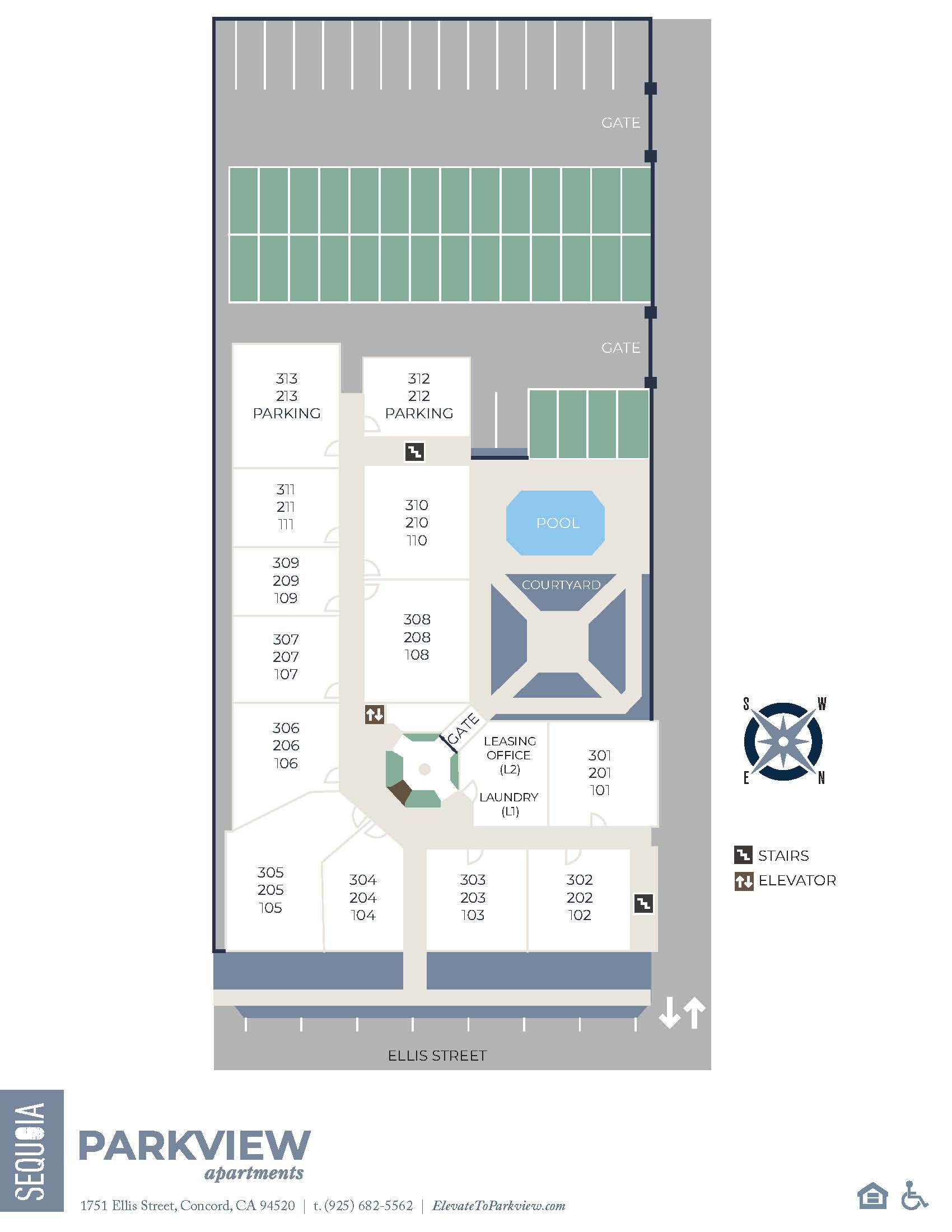 Site map for Parkview Apartments showing building layouts, a pool, and parking areas on 3rd Avenue.