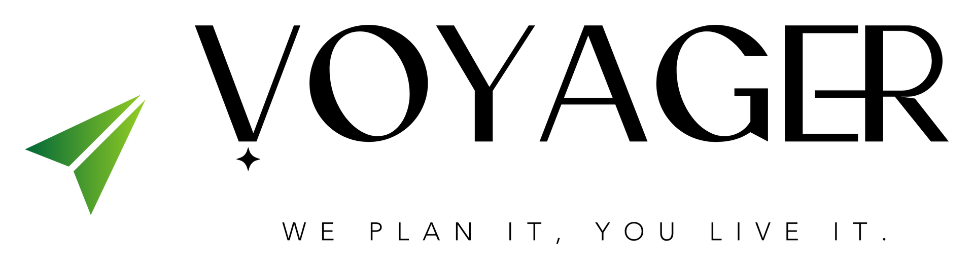 A logo for voyager that says we plan it you live it