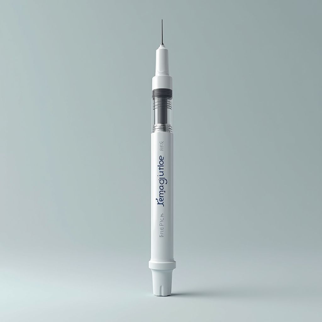 White and gray auto-injector, filled with medication, set against a light blue background.