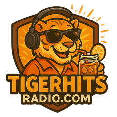 Cool tiger wearing headphones and sunglasses, sipping a drink. Logo for TigerHits Radio.