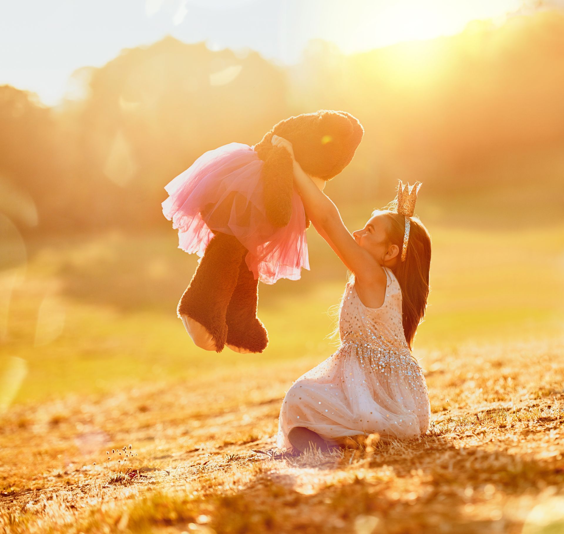 A child wearing a sparkling dress and tiara holds a teddy bear wearing a pink tutu aloft in a sunlit grassy field.