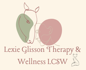 Logo for Lexie Glisson Therapy featuring line art of a horse and human head, soft-colored shapes, and a small fox icon.