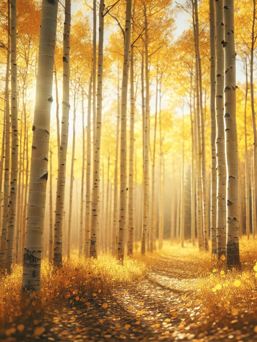 A sunlit forest of tall, white-barked aspen trees with vibrant yellow autumn leaves and a path covered in fallen foliage.
