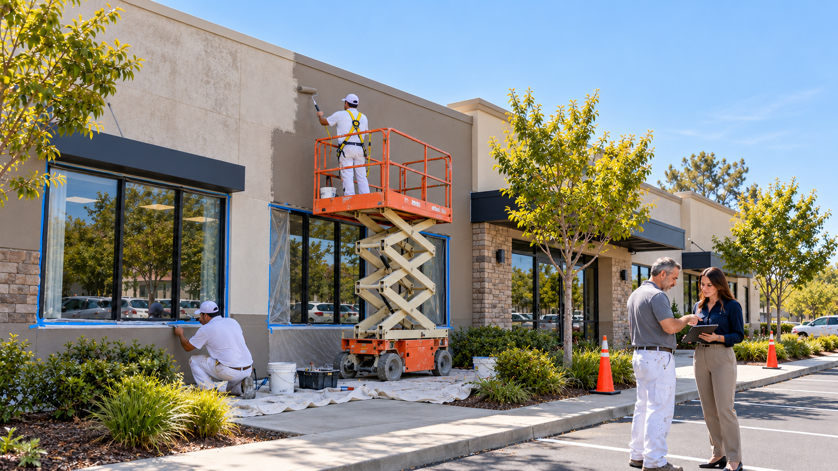 Commercial painting contractors repainting a building