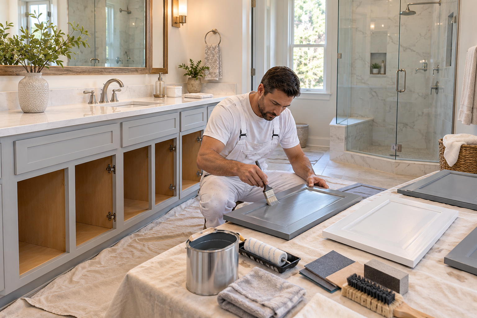 Professional painter refinishing a bathroom vanity in a Chico home