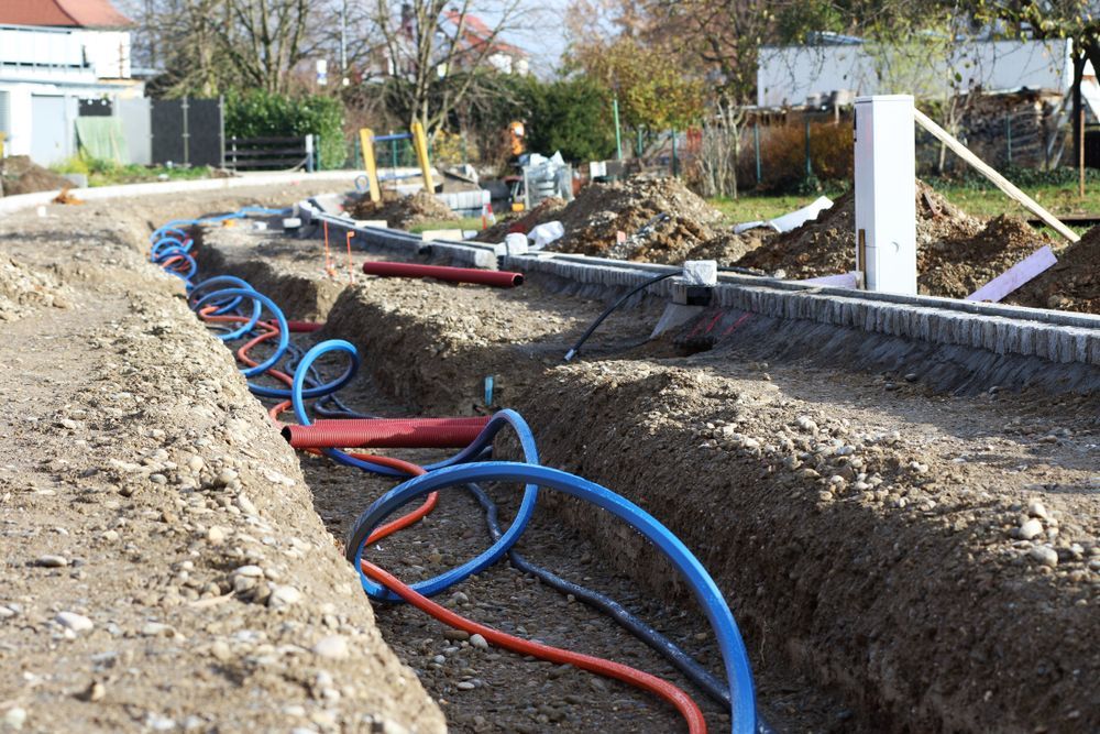 Trench with Red and Blue Hoses Laid Along It at An Outdoor Construction Site — Comms Cabling Central Coast In Kanwal, NSW