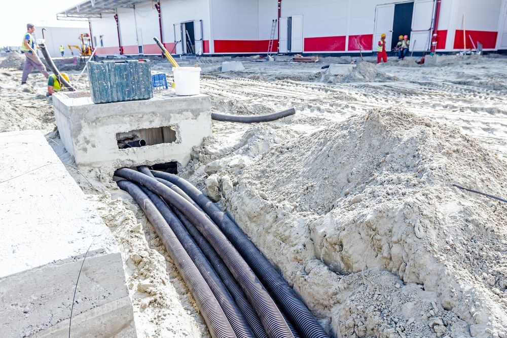 Construction Trench with Thick Black Utility Cables Laid Beside a Concrete Building Foundation — Comms Cabling Central Coast In Kanwal, NSW