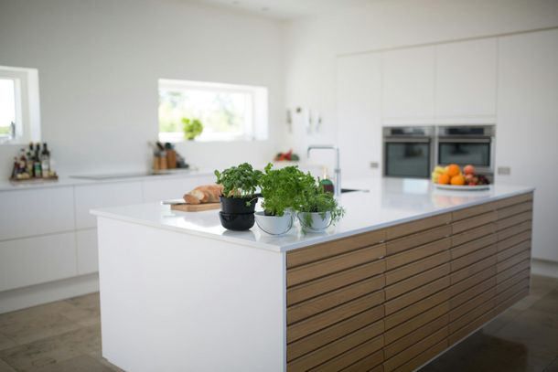 Bright modern kitchen with a white island, wood accents, and bowls of fruit and herbs on the counter