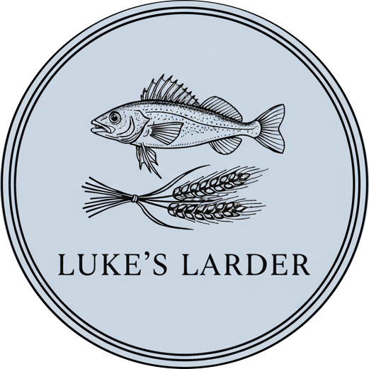 Logo for Luke's Larder: fish above wheat on a light blue background, surrounded by circles.