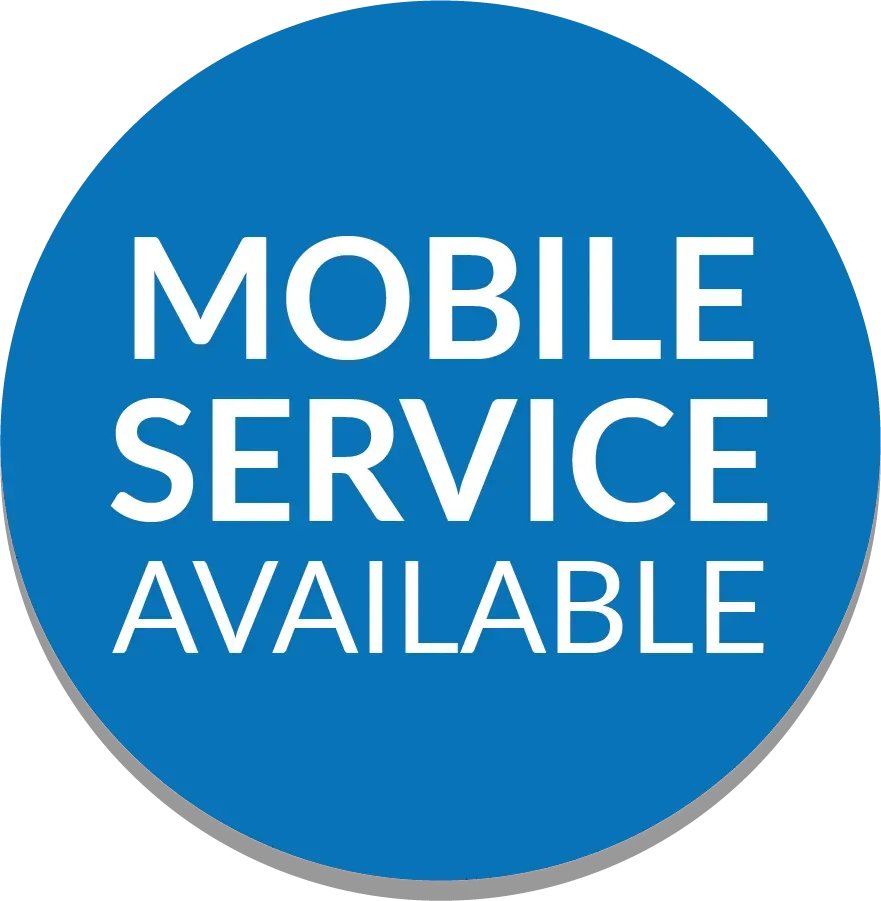 Blue circular sign reading “MOBILE SERVICE AVAILABLE” in white text.